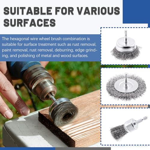 Glarks 9Pcs Wire Scratch Brush Set, Including 5Pcs Wire Wheel Cup Brushes, 4Pcs Carbon Steel/Brass Steel/Copper/Stainless Steel Wire Brushes with Wood Handle Curved Grip