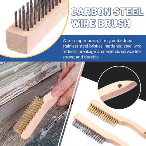 Glarks 9Pcs Wire Scratch Brush Set, Including 5Pcs Wire Wheel Cup Brushes, 4Pcs Carbon Steel/Brass Steel/Copper/Stainless Steel Wire Brushes with Wood Handle Curved Grip