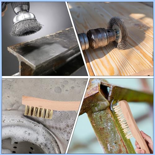 Glarks 9Pcs Wire Scratch Brush Set, Including 5Pcs Wire Wheel Cup Brushes, 4Pcs Carbon Steel/Brass Steel/Copper/Stainless Steel Wire Brushes with Wood Handle Curved Grip