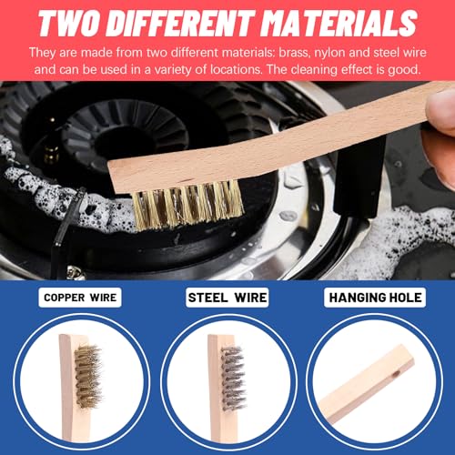 Glarks 9Pcs Wire Scratch Brush Set, Including 5Pcs Wire Wheel Cup Brushes, 4Pcs Carbon Steel/Brass Steel/Copper/Stainless Steel Wire Brushes with Wood Handle Curved Grip