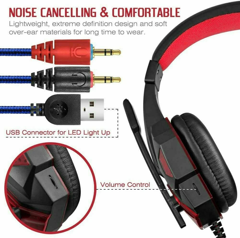 TERRIFI Stereo Pro Gaming Headset with ENC Noise Cancelling Microphone, LED Light, Surround Sound, and Soft Memory Earmuffs for PS5 PS4 for Xbox One Switch PC Laptop Mobilephone, Red