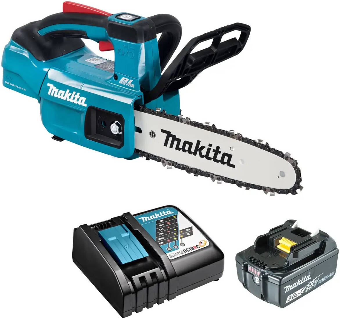 Makita Lithium-ion Cordless Chainsaw W/Battery & Charger, 570W Power, 18V LXT BL Brushless Cordless 25 cm (10″) Chain Saw, 140 mL Chain Oil Tank, 1.1
