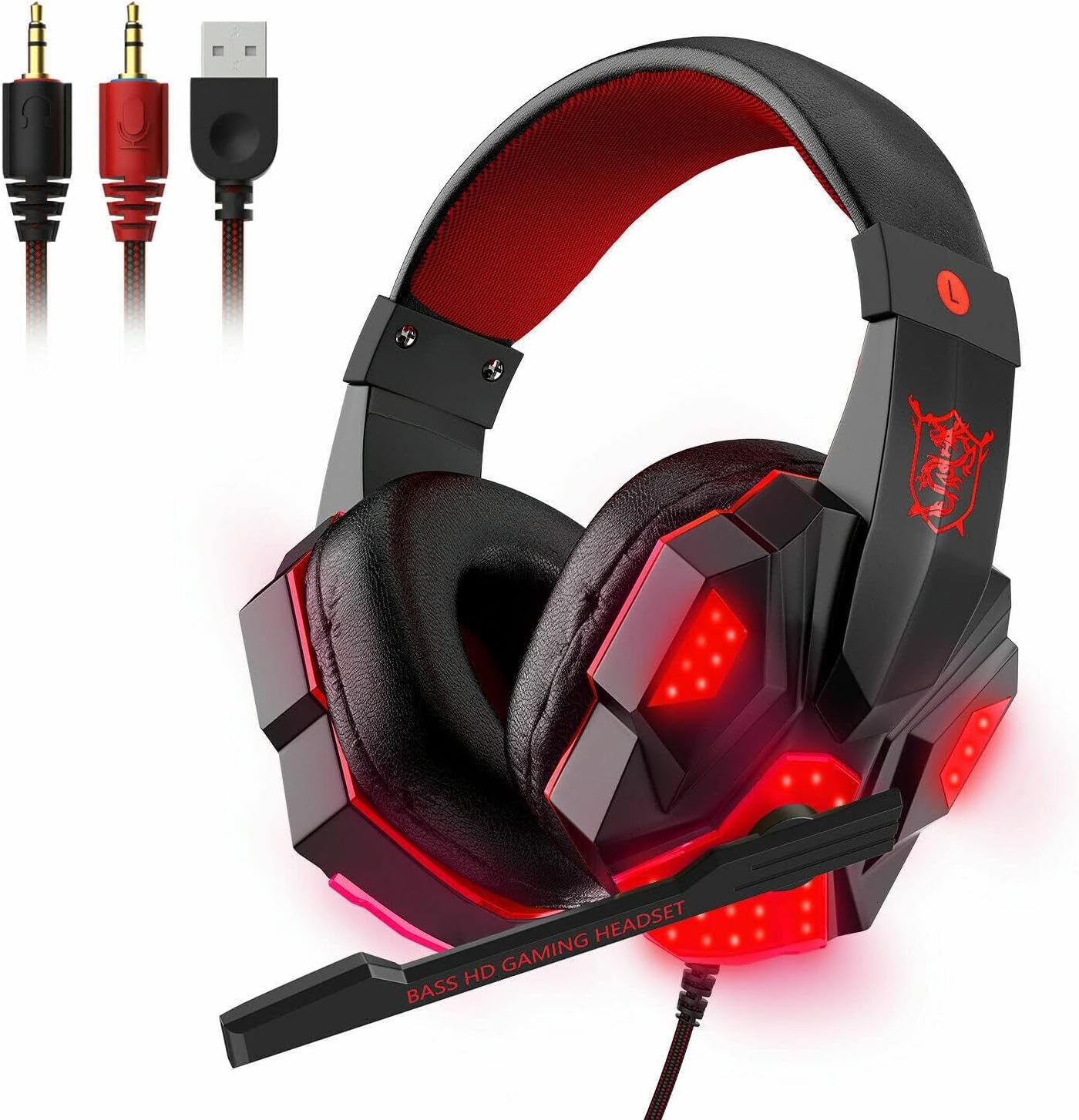 TERRIFI Stereo Pro Gaming Headset with ENC Noise Cancelling Microphone, LED Light, Surround Sound, and Soft Memory Earmuffs for PS5 PS4 for Xbox One Switch PC Laptop Mobilephone, Red
