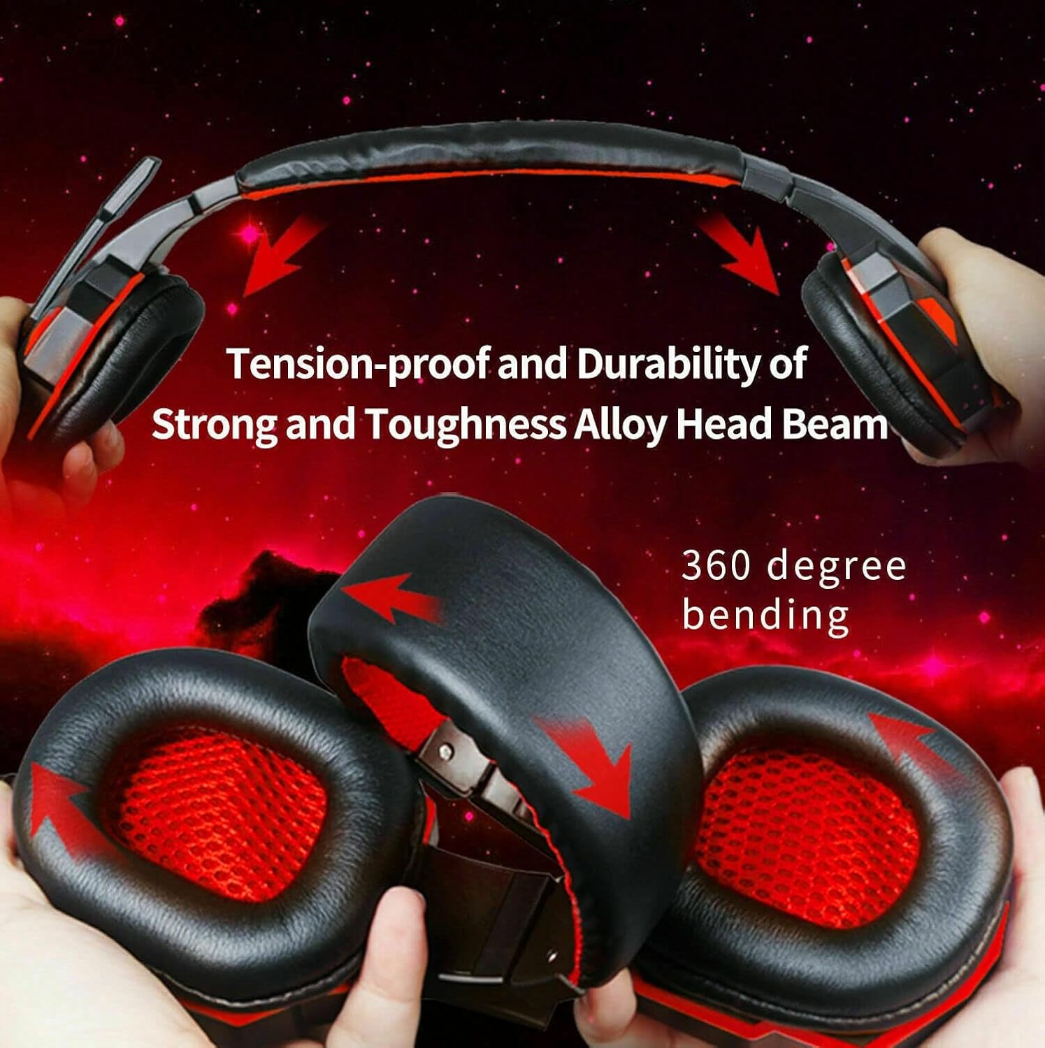 TERRIFI Stereo Pro Gaming Headset with ENC Noise Cancelling Microphone, LED Light, Surround Sound, and Soft Memory Earmuffs for PS5 PS4 for Xbox One Switch PC Laptop Mobilephone, Red