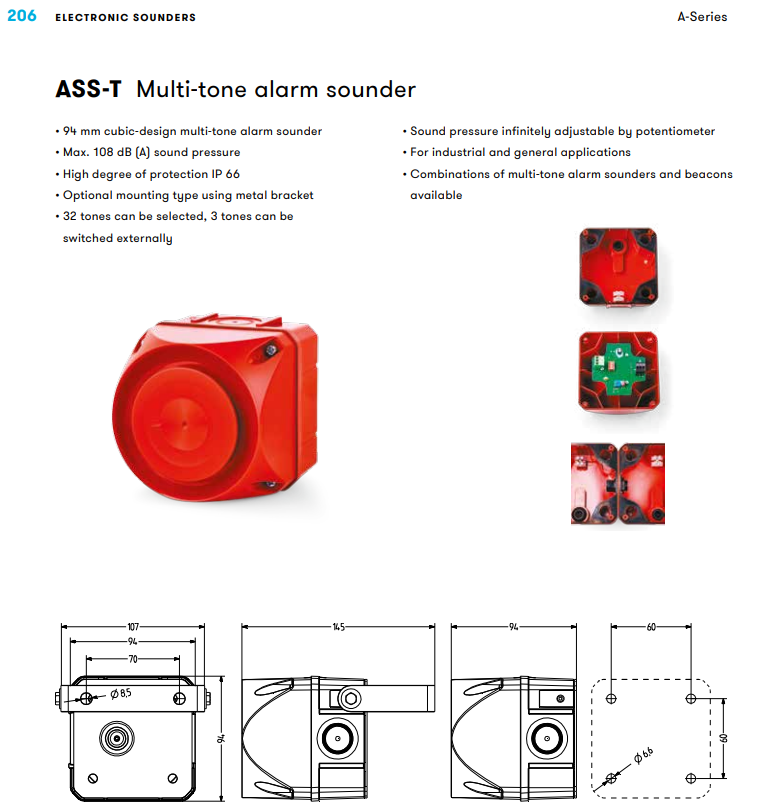 AUER Signal ASS-T Series Surface Mount Electronic Sounder, 110-240 V ac, IP66, AC, 32-Tone
