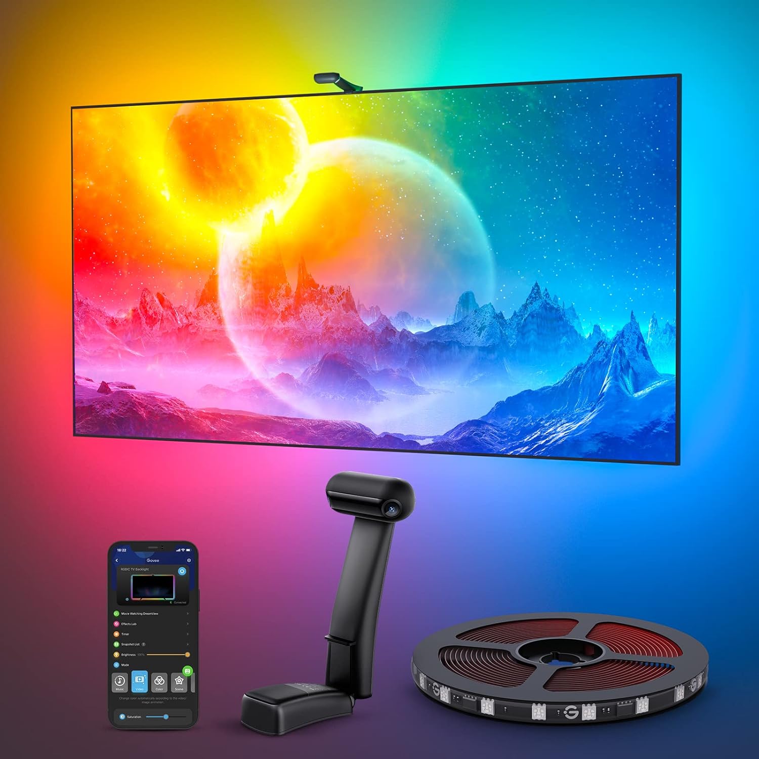 Govee Envisual TV Backlight T2 with Dual Cameras, 16.4ft RGBIC Wi-Fi LED for 75-85 inch TVs, Works Alexa and Google Assistant, Smart App Control, Music Sync Lights, Adapter, (H605C)