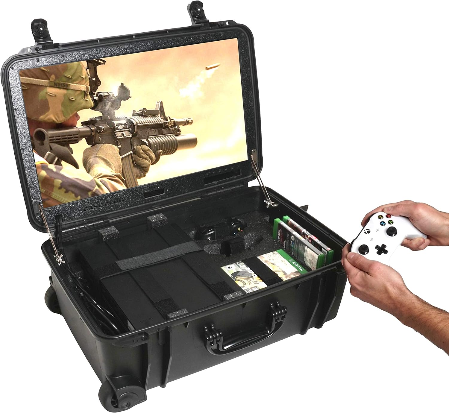 Case Club Waterproof Xbox One X/S Portable Gaming Station with Built-in 24" 1080p Monitor, Storage for Controllers, Games, and Included Speakers (Xbox & Accessories Not Included)