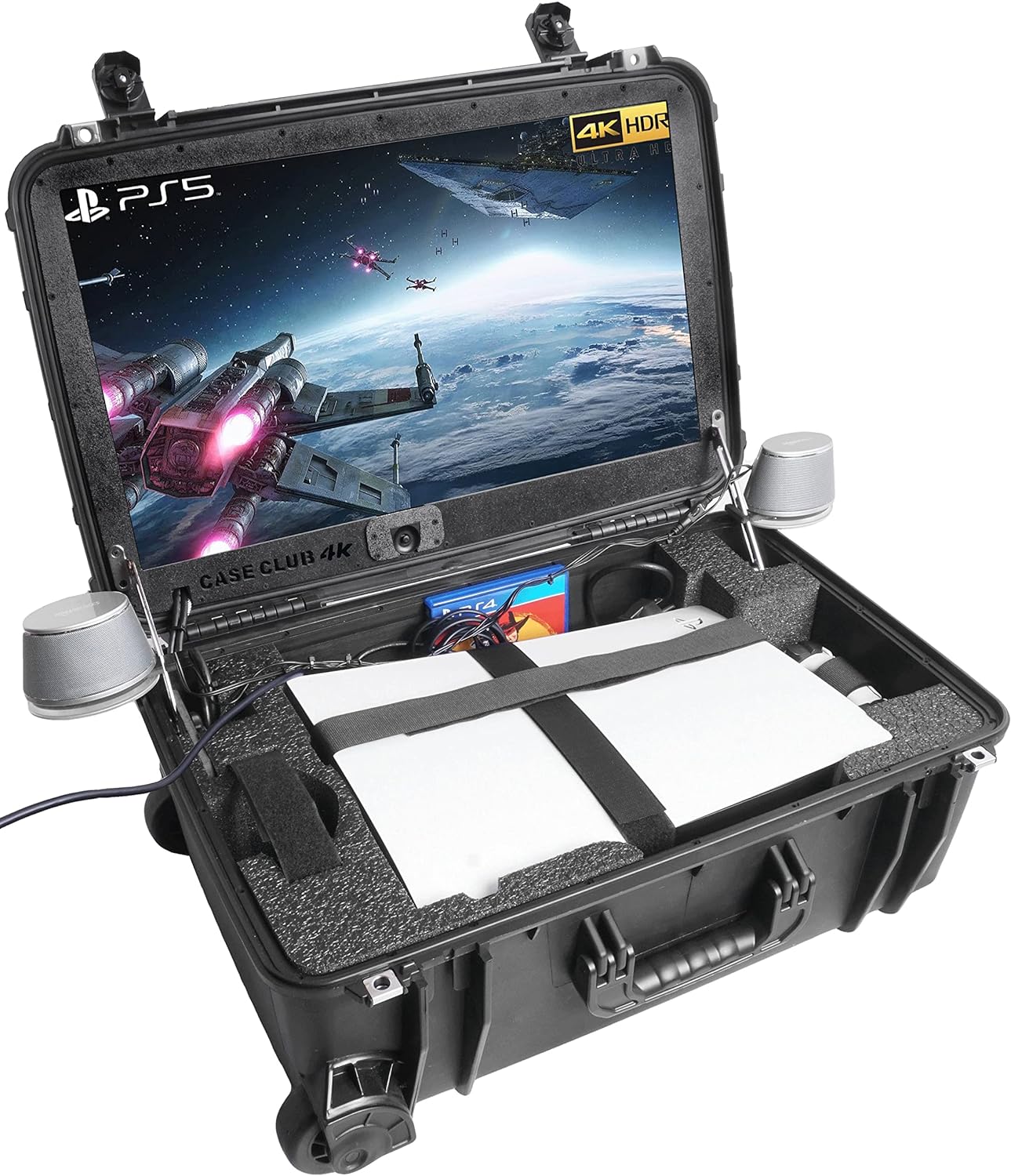 PS5 Case Club - Case with Built-in 24" 4K Monitor, Cooling Fans, & Speakers - Fits PS5 (Disc or Digital), Controllers, & Games