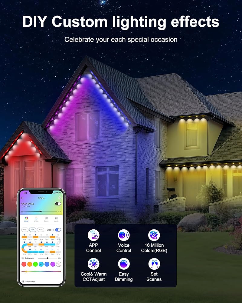 Nexillumi Permanent Outdoor Lights for House, 100ft Smart RGBIC Outside Lights with 72 Scene Modes