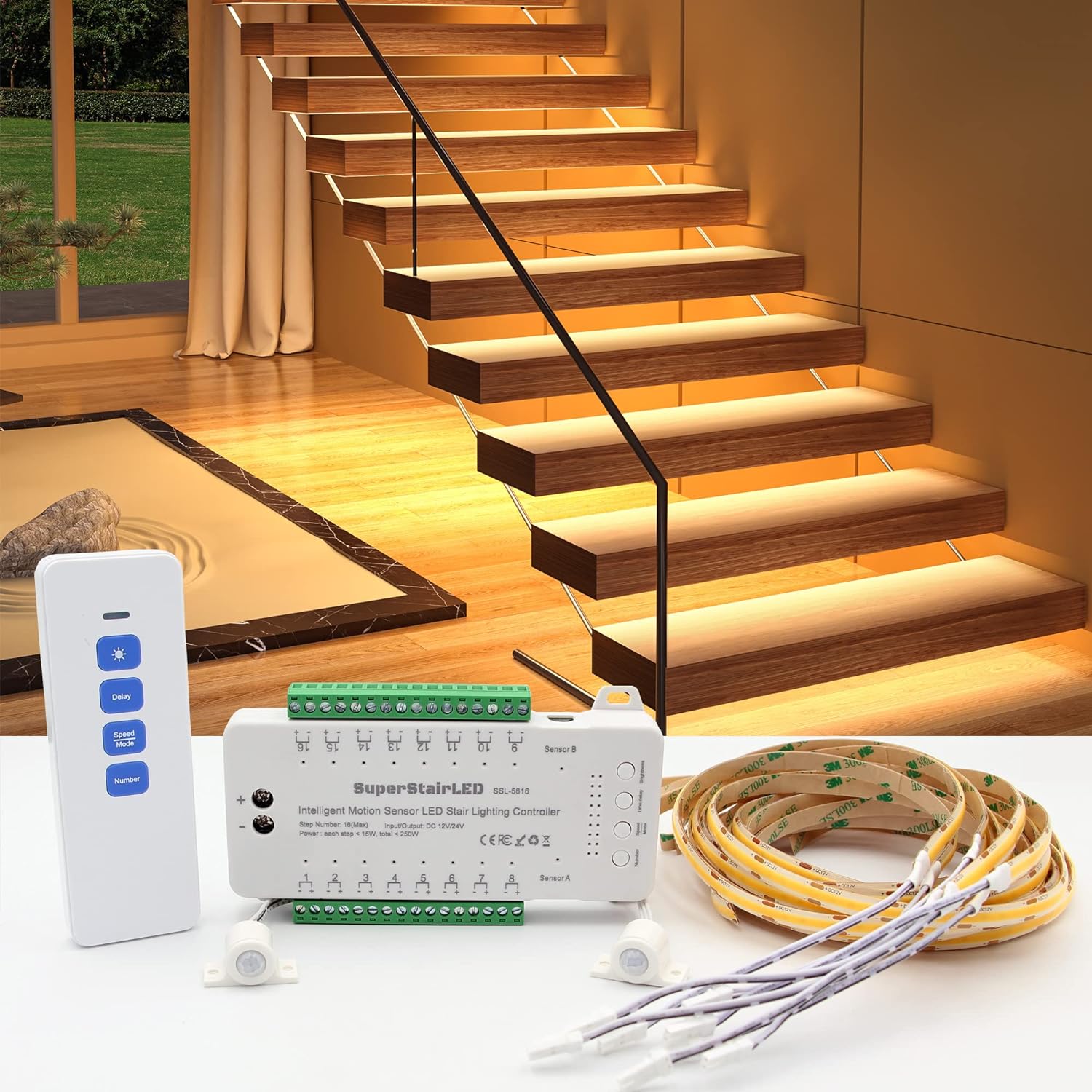 SuperStairLED Intelligent Motion Sensor LED Stair Lighting Complete Set SSL-5616, 40 Inches Long Cuttable LED Strip Light for Indoor LED Stair Lights LED Step Lights (16 Stairs, Warm White 3000K)