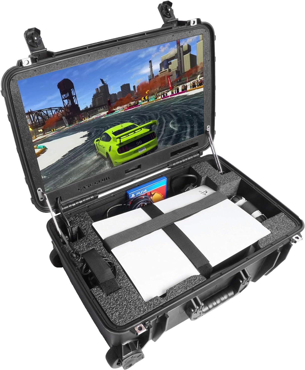 PS5 Case Club - Case with Built-in 24" 4K Monitor, Cooling Fans, & Speakers - Fits PS5 (Disc or Digital), Controllers, & Games
